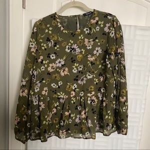 Madewell peplum long sleeve green floral top